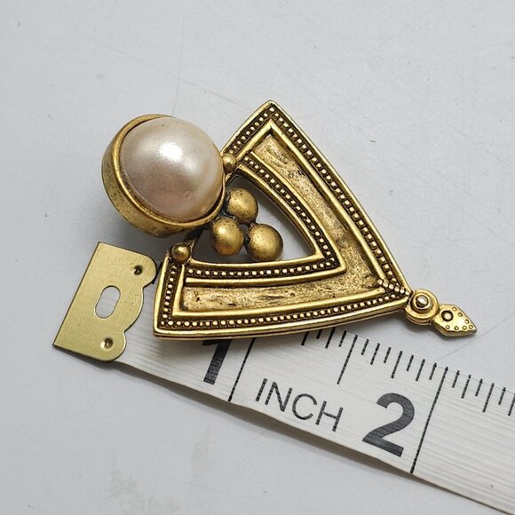 Vintage Gold Tone Statement Earrings Egyptian Revival Faux Pearl Geometric - Picture 4 of 4